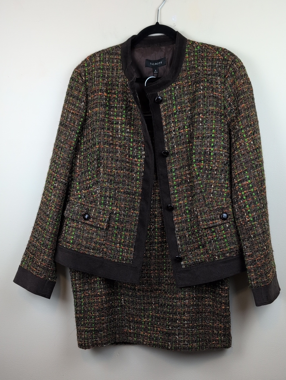 NWT Talbots Brown Confetti Tweed Collarless Jacket & Skirt Set Size 16 Autumn
